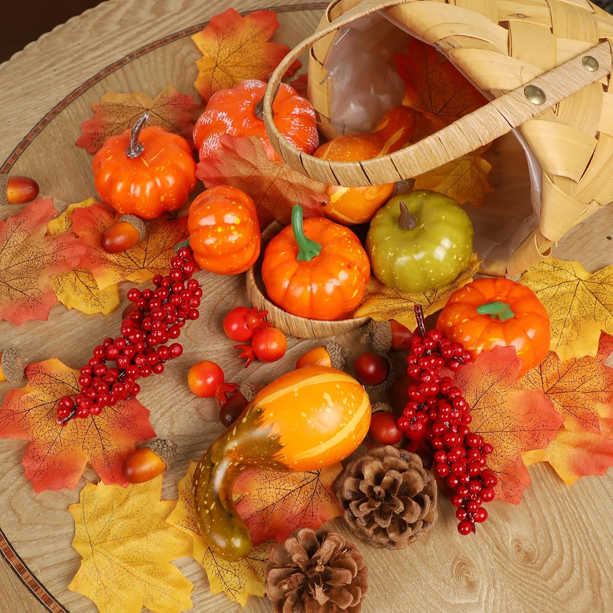 winemana 57pcs Fall Decorations for Home - Small Pumpkins for Decorating with Fake Leaves, Gourds & Pinecones -Thanksgiving Decor for Table Centerpiece Indoor Room Autumn Harvest Decor - detail image 3