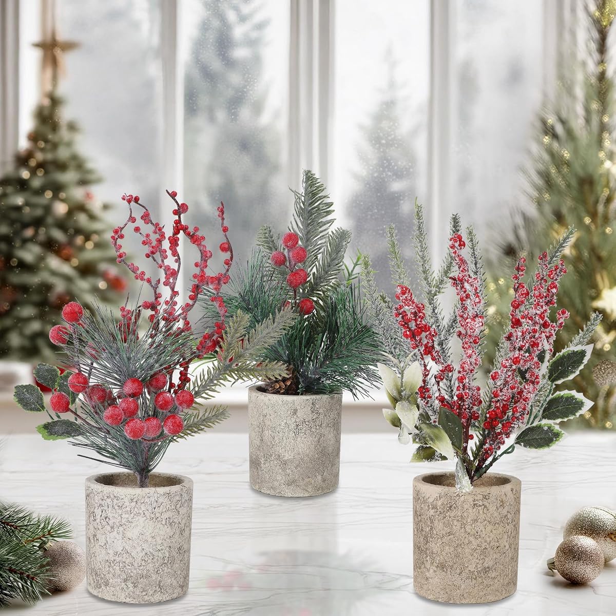 winemana Mini Christmas Tree Table Decorations Indoor, 3 Pcs Small Artificial Xmas Trees Decoration with Red Berries Pine Cone for Centerpiece Kitchen Office Tabletop Home Holiday Decor - imagem de detalhe 5