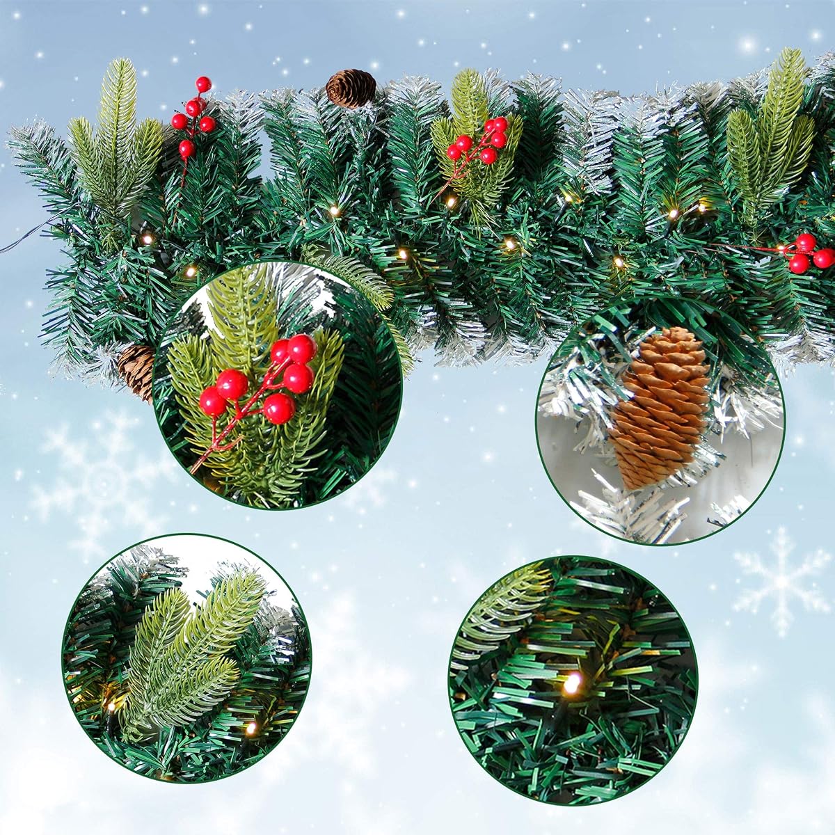DR.DUDU 60 LED Christmas Garland,9 Foot Artificial Christmas Garland with Lights, Ind Covered by Snowflake for Christmas Party Decoration Outdoor Garden Gate Home Winter Holiday New Year - imagem de detalhe 3