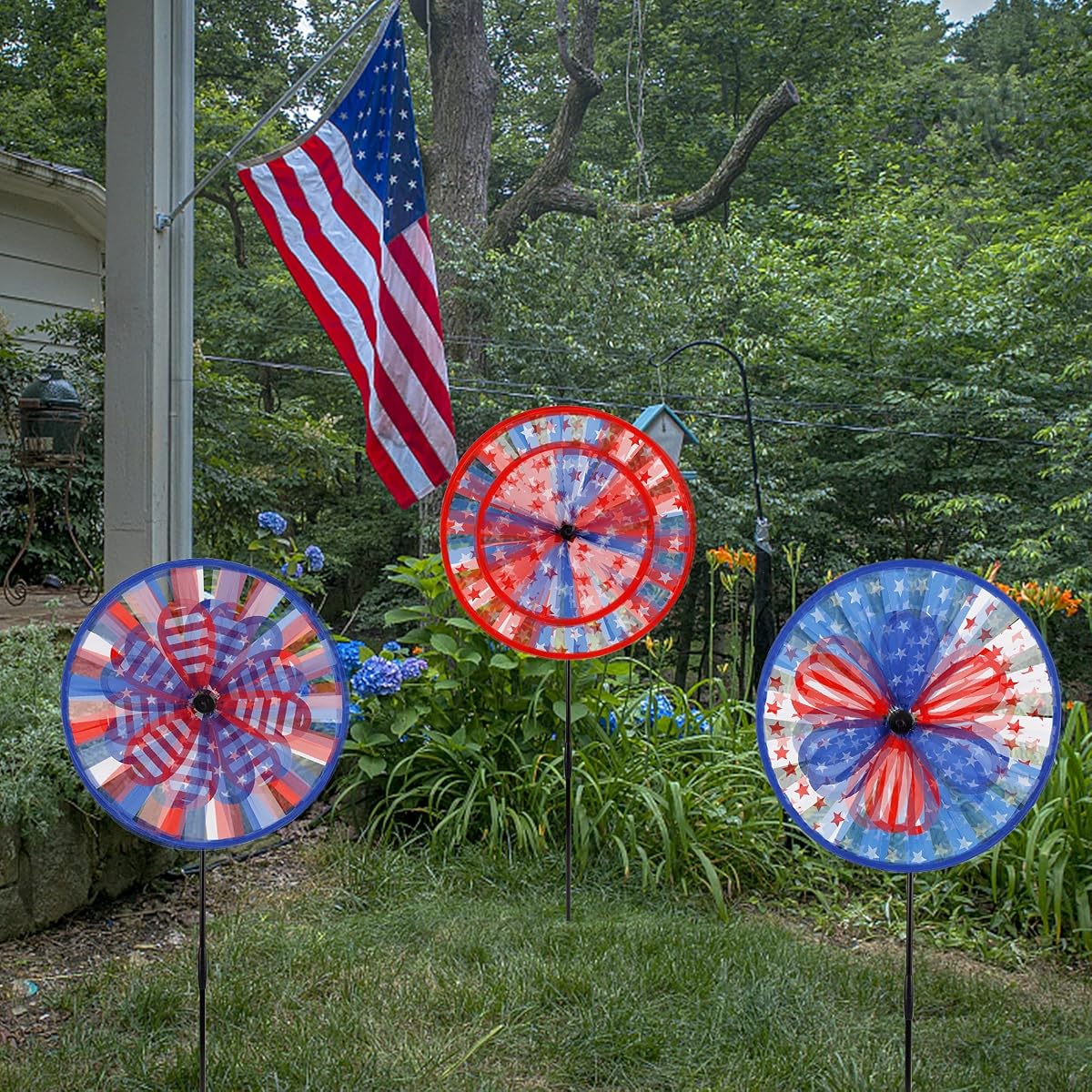 winemana 3 Pack Patriotic Pinwheel for Independence Day, 4th of July Decor Double Spinner Wheel, American Flag Red White Blue Star Décor Outdoor Yard Patio Garden Lawn (12" x 29") - imagen de detalle 6