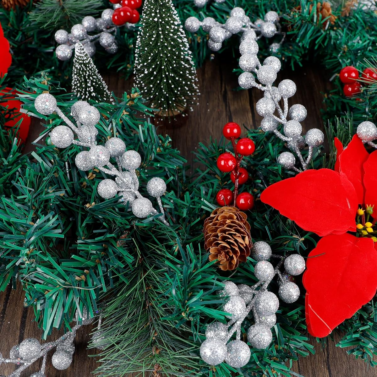winemana 24 Pack 8 Inch Christmas Glitter Faux Winter Berry Sprigs, Artificial Sparking Red Berries Ornaments for Christmas Tree DIY Crafts Wreath Garland Decor (Silvery) - imagem de detalhe 6