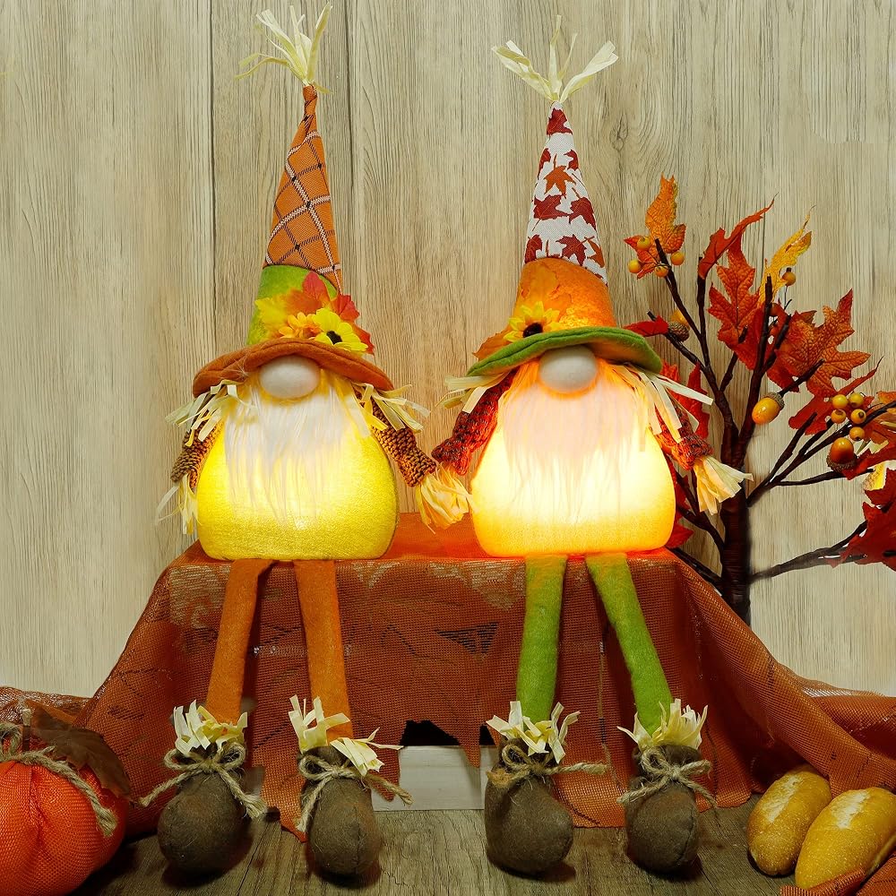 winemana Thanksgiving Tabletop Decorations Set of 2 Gnomes with Lights, Fall Swedish Tomte Dwarf Figurine for Home Kitchen Fireplace (25.6" x 8")