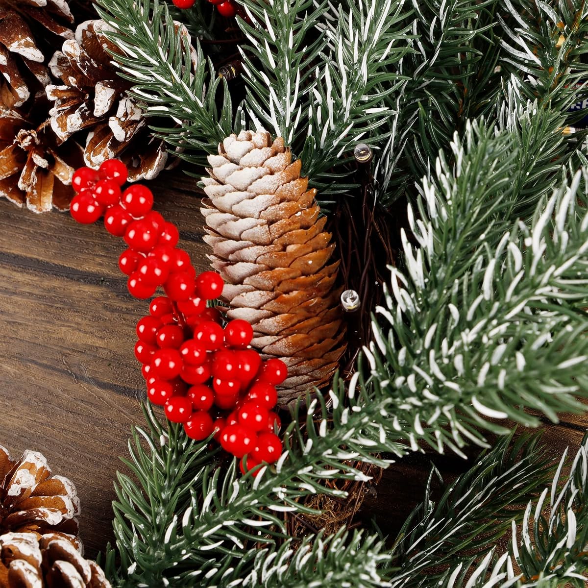 winemana 24 Inch Pre-Lit Christmas Wreath with Hanger, Timer, Pine Cone and Red Berries, Battery-Operated 20 LED Lighted Artificial Wreath Decoration for Front Door Mantel Xmas Party - imagem de detalhe 2