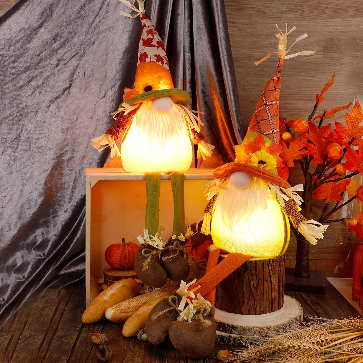 winemana Thanksgiving Tabletop Decorations Set of 2 Gnomes with Lights, Fall Swedish Tomte Dwarf Figurine for Home Kitchen Fireplace (25.6" x 8") - imagem de detalhe 4